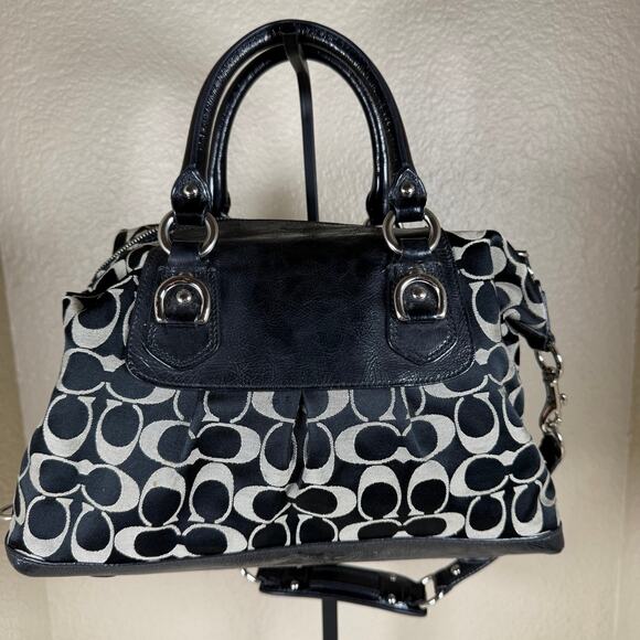 Coach Ashley Signature Sateen Large Satchel handbag F15443 in black and taupe. - Picture 9 of 16